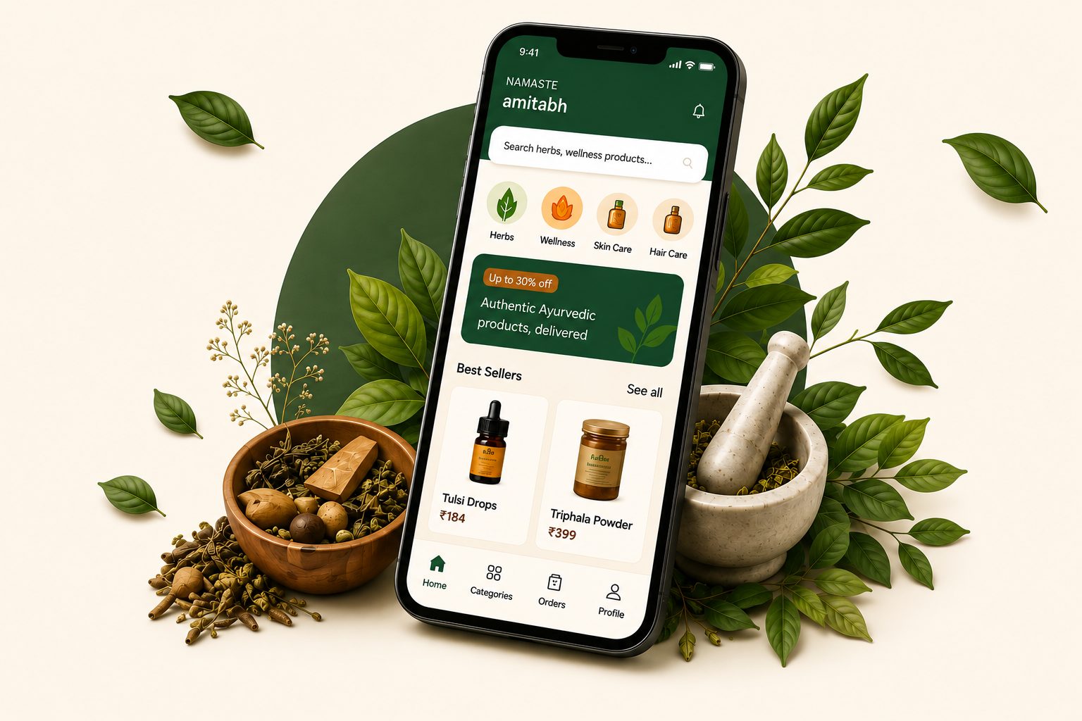 Ayurvedkart app shown among Ayurvedic herbs and products
